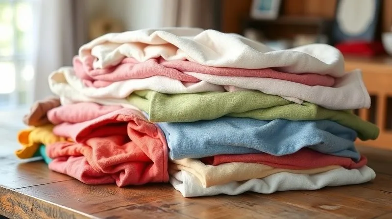 A pile of neatly folded, colorful, gently used children's clothing, made from natural fabrics like organic cotton and linen, on a rustic wooden table. The scene is bathed in soft, natural light, suggesting warmth, value, and sustainability. Photorealistic, professional photography, 8K, cinematic lighting, sharp focus, depth of field, shot on a high-end DSLR.