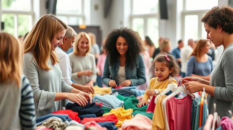 A lively community clothing swap event for kids' clothes, with parents happily exchanging neatly folded garments. The atmosphere is friendly and sustainable, with natural light filtering through a community hall. Photorealistic, professional photography, 8K, cinematic lighting, sharp focus, depth of field, shot on a high-end DSLR.
