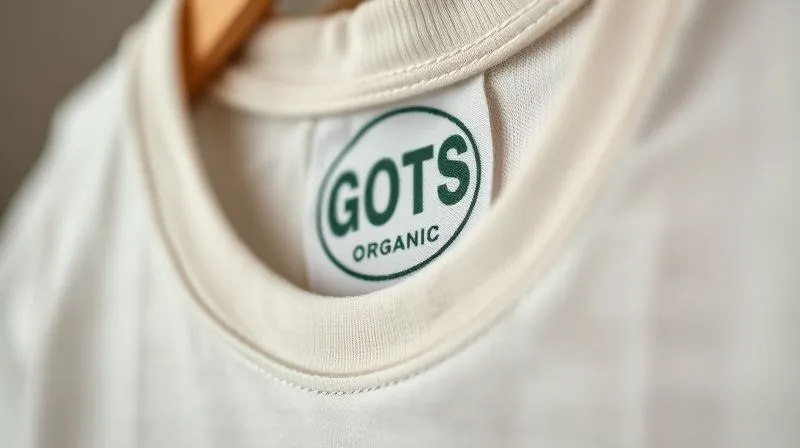 A close-up, sharp focus shot of a clothing label on a child's organic cotton t-shirt, clearly showing a GOTS (Global Organic Textile Standard) certification logo. The fabric texture is visible, suggesting quality and softness. The background is softly blurred. Photorealistic, professional photography, 8K, cinematic lighting, sharp focus, depth of field, shot on a high-end DSLR.