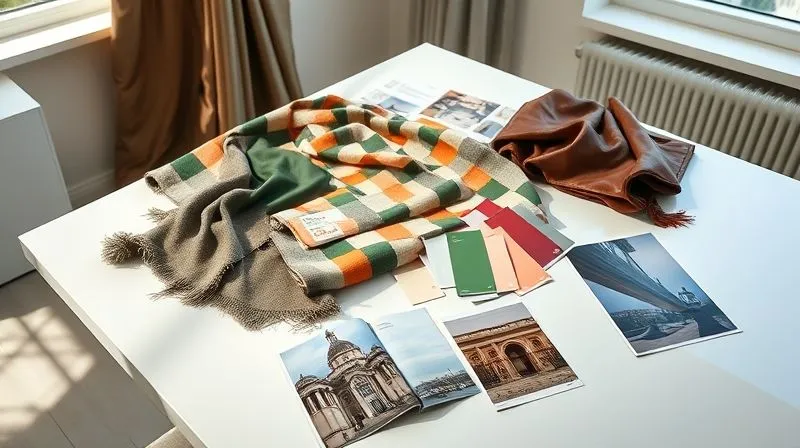 photorealistic, professional photography, 8K, cinematic lighting, sharp focus, depth of field, shot on a high-end DSLR. A meticulously arranged fashion mood board on a large white table, featuring swatches of luxurious fabrics (silk, tweed, leather), a curated selection of color chips in a harmonious palette (e.g., deep greens, soft creams, burnt oranges), cut-out magazine images of architectural details, and a small, elegantly designed typeface sample. Natural light streams in from a window, highlighting textures.