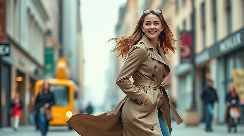 photorealistic, professional photography, 8K, cinematic lighting, sharp focus, depth of field, shot on a high-end DSLR. A female fashion model mid-stride on a bustling city street, her long, flowing trench coat billowing gracefully behind her. Her head is turned slightly, a genuine, relaxed smile on her face, as if caught in a moment of joyful movement. The background is softly blurred with urban elements, emphasizing the dynamic motion of the model and her attire.