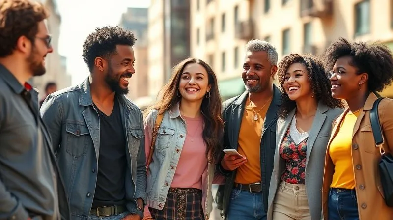 A photorealistic image of a diverse group of people, each with unique and confident personal styles, interacting positively in a vibrant, sunlit urban setting. They are smiling, laughing, and sharing ideas, symbolizing community and genuine connection. Sharp focus on the group, depth of field blurring the background, 8K hyper-detailed, professional photography, shot on a high-end DSLR.