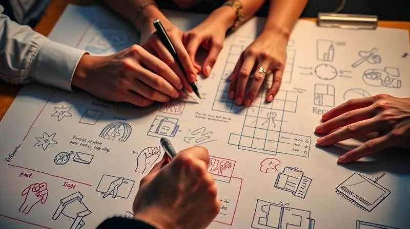 A close-up photorealistic shot of hands from different creative professionals (a photographer, a stylist, a makeup artist) collaboratively sketching ideas on a large mood board, vibrant colors, cinematic lighting, sharp focus on the hands and sketches, 8K.