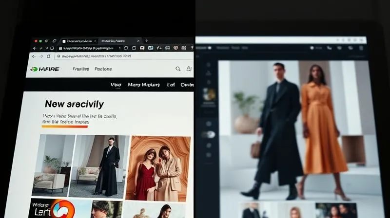 Photorealistic, professional photography, 8K, cinematic lighting, sharp focus, depth of field. A split-screen image, on one side a web page loading slowly with pixelated fashion images, on the other side a crisp, fast-loading web page showcasing high-quality, optimized fashion photographs, illustrating the stark difference in user experience. The contrast is dramatic and clear.