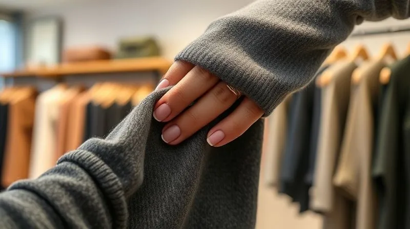 photorealistic, professional photography, 8K, cinematic lighting, sharp focus, depth of field, shot on a high-end DSLR, a close-up shot of luxurious, dark grey merino wool blend fabric, textured and soft, being gently stretched by a woman's manicured hand, showcasing its flexibility and drape. The background is a subtly blurred upscale women's fashion store environment, highlighting quality and tactile sensation.