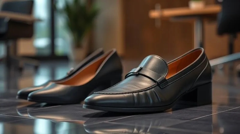 photorealistic, professional photography, 8K, cinematic lighting, sharp focus, depth of field, shot on a high-end DSLR, a close-up shot of a pair of elegant, low block-heeled pumps in soft leather, sitting next to a pair of stylish, supportive loafers, on a polished office floor. The lighting emphasizes the quality of the materials and the comfortable design, with a blurred background of an executive office. The image conveys both sophistication and ease.