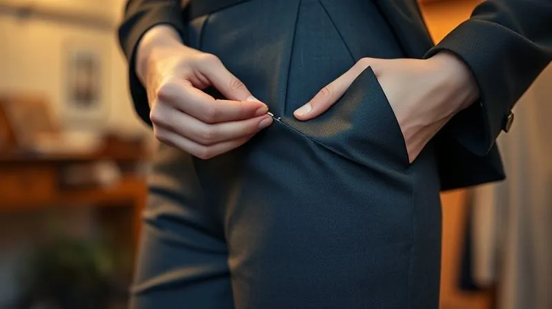 photorealistic, professional photography, 8K, cinematic lighting, sharp focus, depth of field, shot on a high-end DSLR, a close-up of a tailor's hands carefully pinning the hem of a woman's elegant dark grey trousers, showcasing the precision and artistry of bespoke alterations. The background is a blurred, warm-toned tailor's workshop, emphasizing craftsmanship and attention to detail.