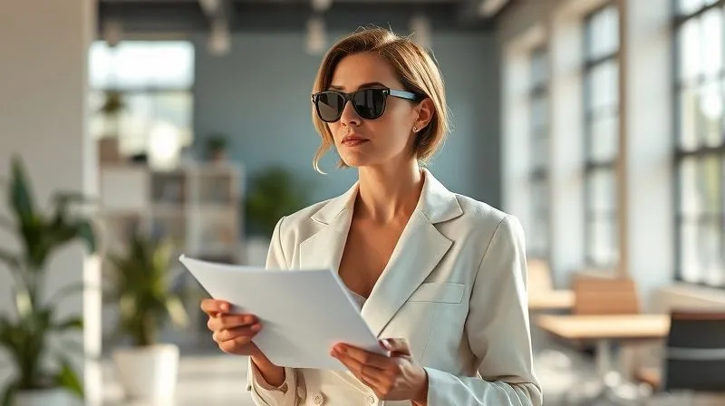 photorealistic, professional photography, 8K, cinematic lighting, sharp focus, depth of field, shot on a high-end DSLR, a stylish woman in a light linen blend suit, looking cool and composed in a sun-drenched modern office, subtly fanning herself with a document. The image captures the feeling of comfort in warm weather professional attire, with soft, natural light.