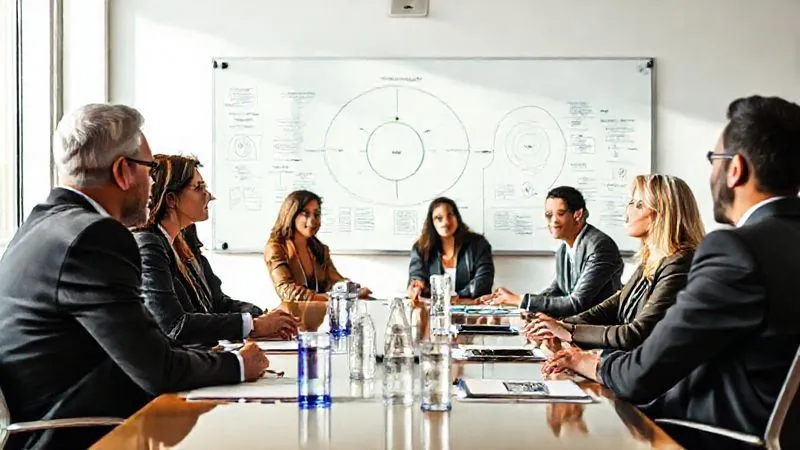 photorealistic, professional photography, 8K, cinematic lighting, sharp focus, depth of field, shot on a high-end DSLR, a diverse group of fashion industry executives in a modern, sunlit boardroom, engaged in a strategic discussion, a whiteboard behind them with diagrams illustrating circular economy principles and value chains, conveying a sense of innovation and collaboration.