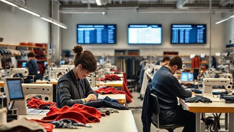 photorealistic, professional photography, 8K, cinematic lighting, sharp focus, depth of field, shot on a high-end DSLR, a modern, clean textile repair workshop with organized workstations, skilled artisans focused on mending garments, digital screens displaying repair queues and status, conveying efficiency and high-tech craftsmanship.
