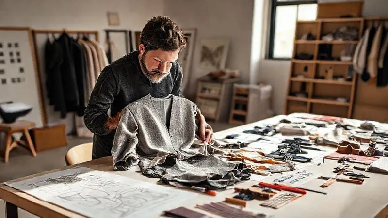 photorealistic, professional photography, 8K, cinematic lighting, sharp focus, depth of field, shot on a high-end DSLR, a fashion designer's studio, with design sketches on a table showing modular garment components, fabric swatches, and tools, a focused designer reviewing a physical garment, emphasizing 'design for repair' principles, natural light streaming in.