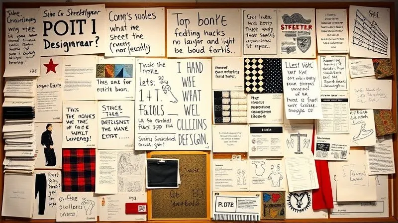 A photorealistic, professional photography shot of a designer's mood board filled with vintage streetwear references, hand-drawn sketches, philosophical quotes, and fabric swatches, illuminated by soft studio lighting. The board evokes creativity, depth, and a clear, authentic brand vision. 8K, cinematic lighting, sharp focus, depth of field, shot on a high-end DSLR.