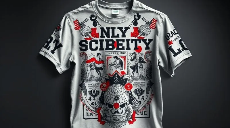 A photorealistic, professional photography shot of a meticulously designed graphic tee featuring intricate, layered artwork that tells a compelling story. The design incorporates symbolic elements, diverse typography, and a cohesive color palette, all contributing to a clear narrative. The tee is draped artfully to showcase the depth of the design. 8K, cinematic lighting, sharp focus, depth of field, shot on a high-end DSLR.