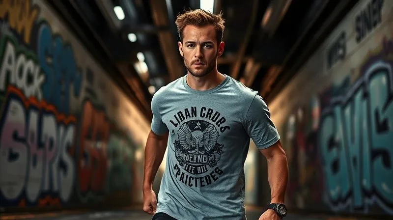 A photorealistic, professional photography shot of a male model wearing a stylish graphic tee, captured mid-action in an urban streetwear environment (e.g., graffiti-laden alleyway, industrial bridge). The lighting is dramatic and cinematic, highlighting the tee's design and texture. The model's pose and expression convey confidence and authenticity, embodying the brand's lifestyle. 8K, cinematic lighting, sharp focus on the tee and model, depth of field, shot on a high-end DSLR.
