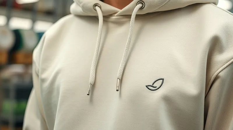 A photorealistic close-up of a minimalist streetwear hoodie made from organic cotton, featuring a small, embroidered abstract logo resembling a stylized leaf or a subtle wave pattern on the chest. The stitching is impeccable, highlighting the premium quality of the fabric. Soft, diffused natural light accentuates the texture, with a blurred background suggesting a sustainable production facility. Professional photography, 8K, cinematic lighting, sharp focus, depth of field, shot on a high-end DSLR.