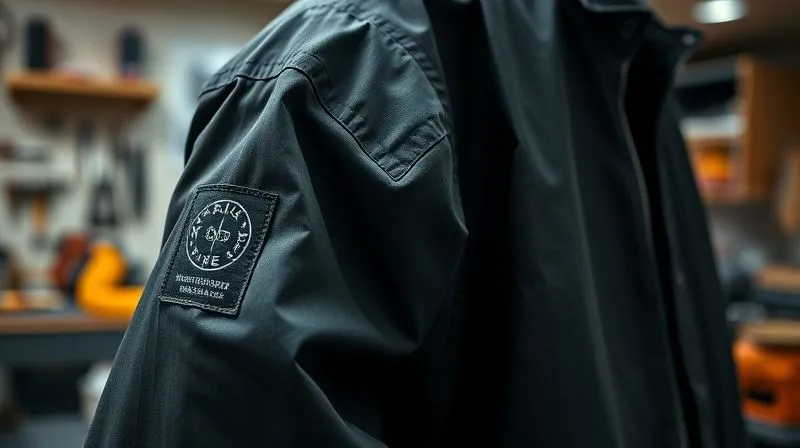 A photorealistic image of a high-quality, durable streetwear jacket, made from recycled materials, with a subtly integrated, embroidered logo on the sleeve. The logo is designed to age gracefully, and the jacket includes a visible, well-designed care label with a small, distinct graphic suggesting repair or recycling. The background is a clean, modern workshop with tools for garment repair, cinematic lighting, sharp focus on the jacket, depth of field blurring the background, 8K hyper-detailed, professional photography, shot on a high-end DSLR.
