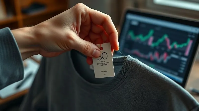 A photorealistic image of a hand gently placing a small, carefully designed, eco-friendly hangtag (with a minimalist logo) onto a sustainable streetwear garment. The background shows blurred documents and a laptop displaying supply chain data, suggesting transparency and accountability. The lighting is soft and professional, emphasizing trust and meticulous detail. Professional photography, 8K, cinematic lighting, sharp focus on the tag and hand, depth of field, shot on a high-end DSLR.