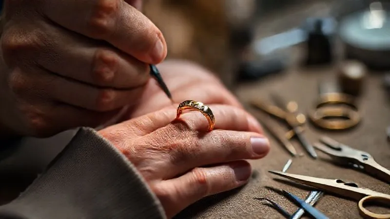 photorealistic, professional photography, 8K, cinematic lighting, sharp focus, depth of field, shot on a high-end DSLR, a close-up of a jeweler's hands meticulously polishing a delicate gold ring with a subtle, unique engraving, tools scattered artfully around, emphasizing precision and traditional craftsmanship.