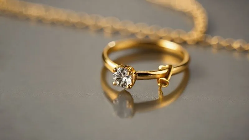 photorealistic, professional photography, 8K, cinematic lighting, sharp focus, depth of field, shot on a high-end DSLR, a close-up shot of a minimalist gold ring with a single, tiny, perfectly cut diamond embedded flush with the surface, reflecting light subtly, next to a delicate gold chain with an unusual, almost invisible clasp mechanism, highlighting intricate, understated details.