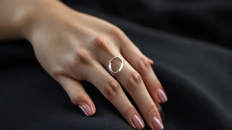 photorealistic, professional photography, 8K, cinematic lighting, sharp focus, depth of field, shot on a high-end DSLR, a woman's hand with beautifully manicured nails, wearing a single, striking minimalist silver ring with a unique, organic, sculptural form, resting on a textured, dark fabric, her arm slightly blurred in the background, drawing full attention to the ring's unique luxury.