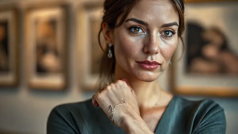 photorealistic, professional photography, 8K, cinematic lighting, sharp focus, depth of field, shot on a high-end DSLR, a woman with a discerning, thoughtful expression, gently touching a delicate, sculptural silver bracelet on her wrist, her eyes gazing slightly off-camera, conveying a sense of personal style and quiet confidence, against a blurred, elegant gallery background.