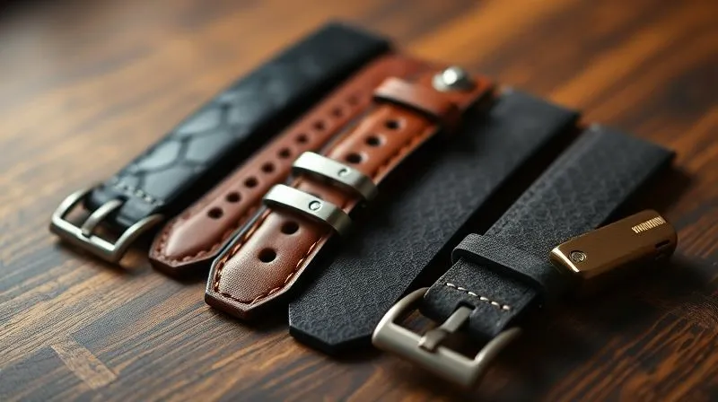 photorealistic, professional photography, 8K, cinematic lighting, sharp focus on three luxury watch straps: one in black alligator, one in rich brown calfskin, and one in dark grey suede, laid out neatly on a polished wooden surface, a vintage watch spring bar tool resting beside them, depth of field blurring the background, highlighting the textural differences, shot on a high-end DSLR.