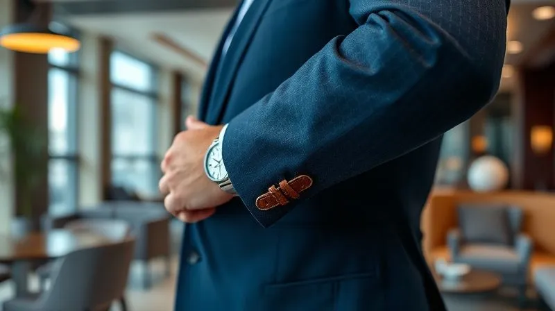 photorealistic, professional photography, 8K, cinematic lighting, sharp focus on a man's torso and arm, wearing a tailored navy hopsack blazer, a light blue Oxford shirt with the top button undone, and a silver-cased dress watch on a dark brown suede strap peeking from under the cuff. The background shows a tastefully decorated modern office lounge, conveying relaxed professionalism, shot on a high-end DSLR.