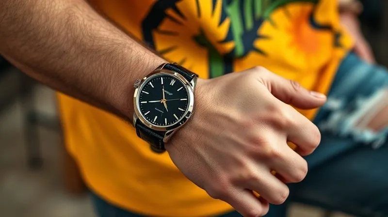 photorealistic, professional photography, 8K, cinematic lighting, sharp focus on a man's wrist, showing a very formal, highly polished dress watch on a shiny black alligator strap, paired incongruously with a brightly colored, casual graphic t-shirt and distressed denim jeans, creating a visual clash, depth of field blurring the background, conveying a stylistic misstep, shot on a high-end DSLR.