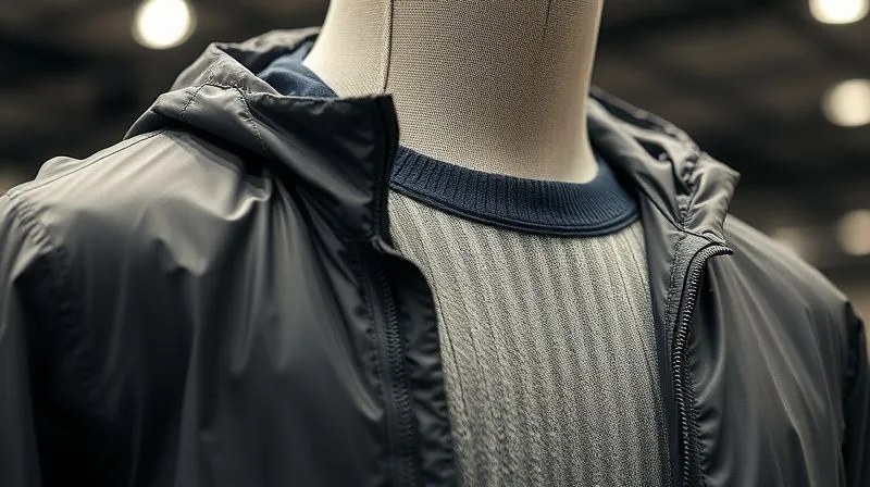 A close-up, photorealistic professional photography shot of layered fabrics on a mannequin: a smooth technical nylon jacket over a ribbed cotton tee, with a subtle sheen on the nylon, sharp focus on the textures, depth of field blurring the background, 8K hyper-detailed, cinematic lighting, shot on a high-end DSLR.