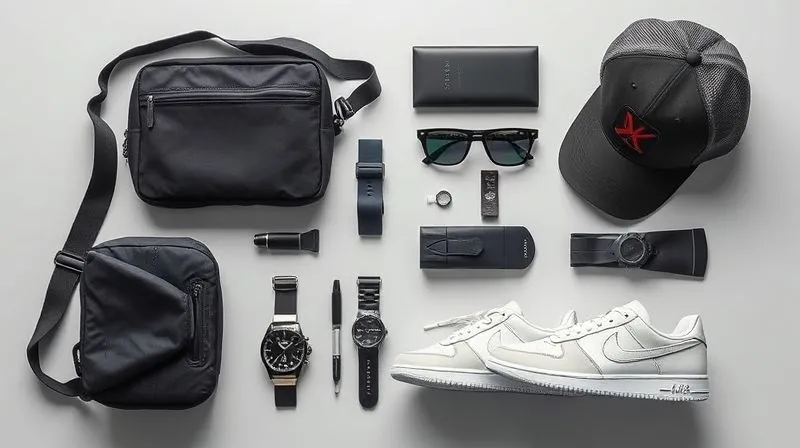 A photorealistic, professional photography shot of a meticulously organized flat lay showcasing essential accessories for sportswear-influenced streetwear: a premium technical cross-body bag, sleek minimalist watch, high-performance sunglasses, a structured five-panel cap, and a pair of iconic, clean sneakers. Sharp focus on each item, cinematic lighting, 8K hyper-detailed, shot on a high-end DSLR.