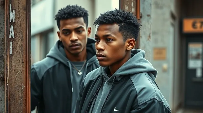 A photorealistic, professional photography shot of an individual (gender-neutral) confidently checking their reflection in a large, slightly distressed urban mirror. They are wearing a thoughtfully assembled sportswear-influenced streetwear outfit, composed of quality materials and balanced proportions. The expression is discerning, suggesting self-assessment. Cinematic lighting, sharp focus on the individual and reflection, depth of field blurring the gritty urban background, 8K hyper-detailed, shot on a high-end DSLR.