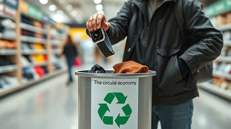 A photorealistic image of a consumer easily dropping an old smart watch and a smart jacket into a designated recycling bin at a modern retail store, with clear signage explaining the circular economy initiative. The scene is bright and optimistic, conveying ease and responsibility. Professional photography, 8K, cinematic lighting, sharp focus on the bin and garments, depth of field blurring the background, shot on a high-end DSLR.