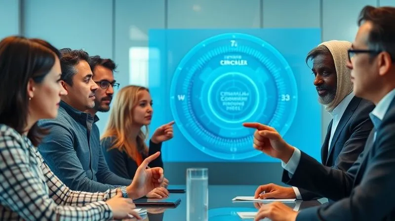 A photorealistic image of diverse industry leaders (designers, engineers, policymakers) in a collaborative meeting, gesturing towards a holographic display showing a circular economy model for smart textiles. The atmosphere is professional and innovative, symbolizing collective problem-solving. Professional photography, 8K, cinematic lighting, sharp focus on the faces and display, depth of field blurring the background, shot on a high-end DSLR.