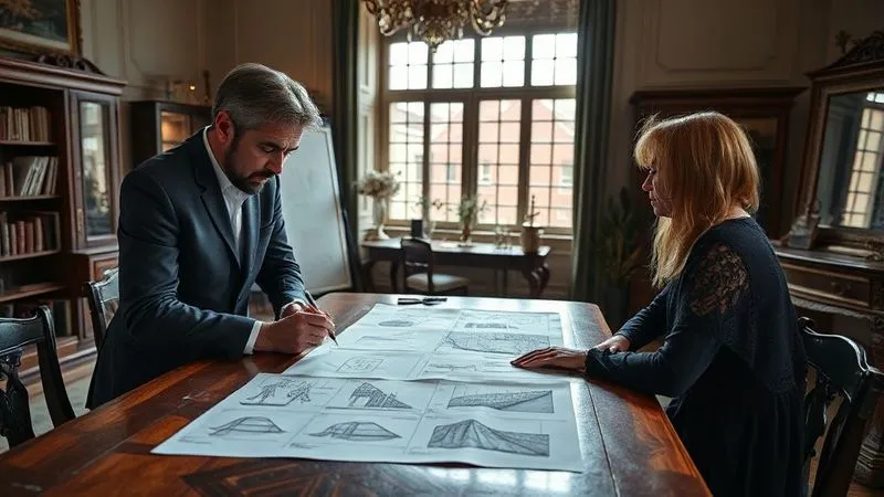 photorealistic, professional photography, 8K, cinematic lighting, sharp focus, depth of field, shot on a high-end DSLR, a haute couture designer in a luxurious atelier, intently listening to a sophisticated client, both reviewing detailed sketches and fabric swatches spread on a large antique wooden table, the designer holding a pen, ready to note key details, natural light streaming through a tall window, creating a warm, collaborative atmosphere.