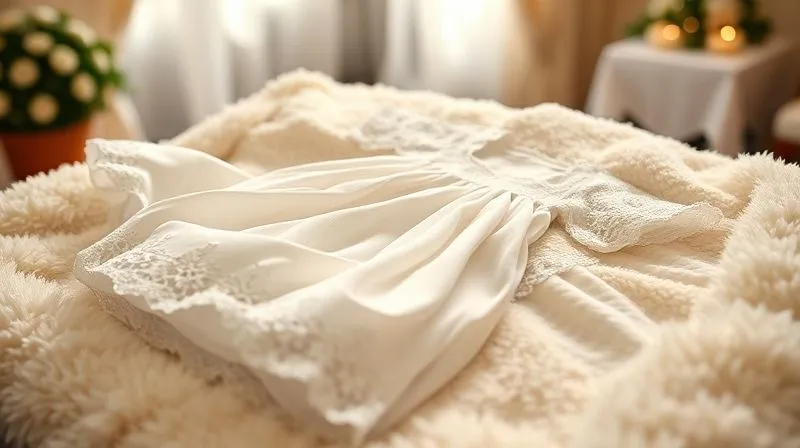 A photorealistic image of a beautifully designed but delicate child's white christening gown, carefully laid out on a soft, plush blanket. The lighting is gentle and warm, emphasizing the intricate details of the fabric and lace. A slightly out-of-focus background shows a happy family event, hinting at the one-time nature of its use. 8K hyper-detailed, professional photography, cinematic lighting, sharp focus, depth of field.