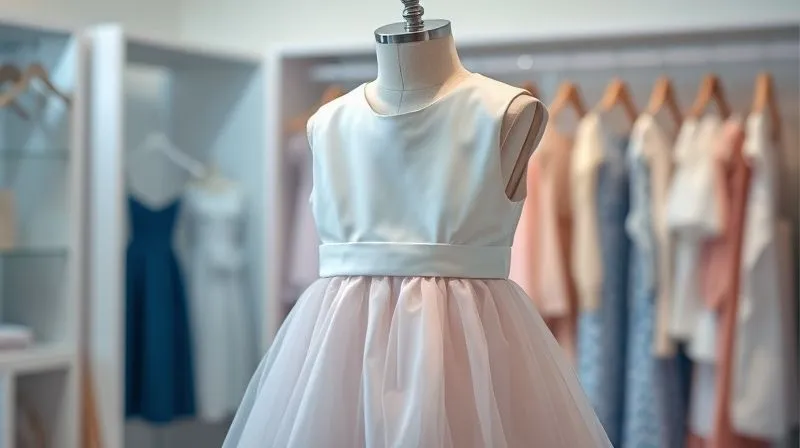 A photorealistic, professional photograph showing a child's elegant formal dress being carefully inspected and prepared for cleaning and re-packaging in a clean, well-lit studio. The hands are gloved, and the dress is on a mannequin or hanger, suggesting a rental service. Cinematic lighting, sharp focus on the garment, depth of field blurring the background of other neatly organized children's clothes. 8K hyper-detailed, professional photography.