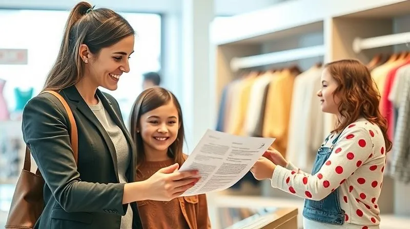 A photorealistic image of a friendly, professional retail associate gently explaining a return policy to a parent with a child, both smiling and engaged. The setting is a bright, welcoming kids' fashion boutique. The policy document is visible on a counter. Cinematic lighting, sharp focus on the interaction, depth of field blurring the background subtly. 8K hyper-detailed, professional photography.