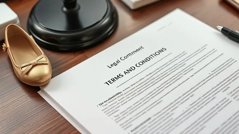 A photorealistic image of a legal document or contract related to retail terms and conditions, open on a desk next to a small, elegant child's shoe. The scene is well-lit, professional, and slightly serious, conveying the importance of legal compliance. Sharp focus on the text, with a subtle depth of field. 8K hyper-detailed, professional photography.
