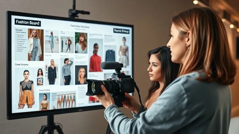 A photorealistic image of a professional photographer and a fashion blogger collaboratively reviewing a detailed digital mood board on a large screen, showing fashion photography references, with notes on feasibility and budget. Cinematic lighting, sharp focus on the screen and faces, depth of field blurring the background slightly. 8K hyper-detailed.