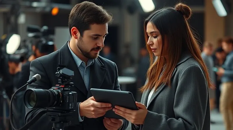 A photorealistic image of a professional fashion photographer calmly but firmly communicating with a fashion blogger on a bustling set, pointing to a shot list on a tablet. The photographer maintains eye contact, indicating control, while the blogger listens intently. Cinematic lighting, sharp focus on their interaction, depth of field blurring the background crew and equipment. 8K hyper-detailed.