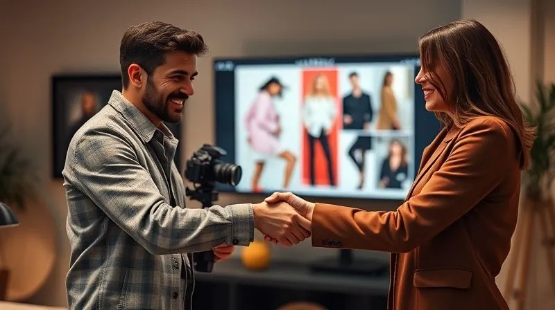 A photorealistic image of a professional photographer and a fashion blogger shaking hands and smiling genuinely after a successful project, with beautifully styled fashion images displayed on a monitor in the background. The atmosphere is collaborative and respectful. Cinematic lighting, sharp focus on their handshake, depth of field blurring the background. 8K hyper-detailed.