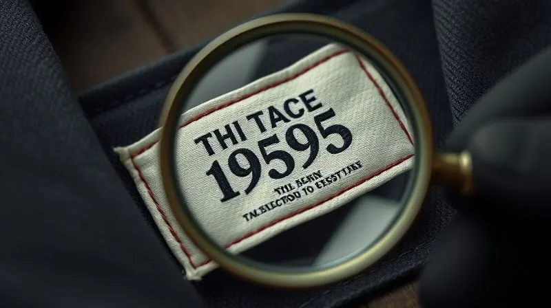 photorealistic, professional photography, 8K, cinematic lighting, sharp focus, depth of field, shot on a high-end DSLR. A close-up of a vintage garment label from the 1950s, showing intricate stitching and faded text, with a magnifying glass held by a gloved hand, highlighting the details of authenticity and craftsmanship. The background is a blurred, luxurious textile.
