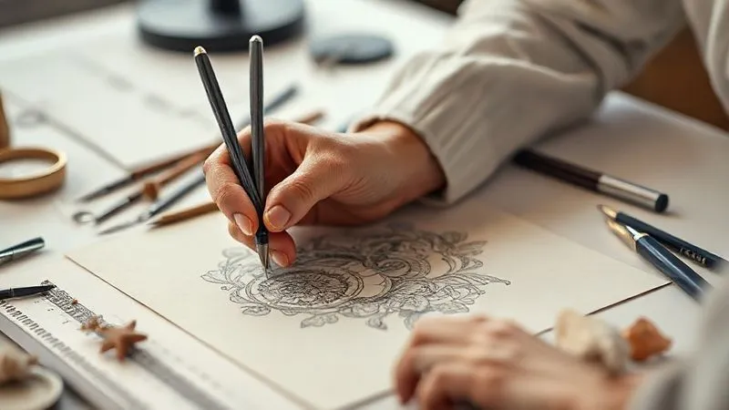 Photorealistic, professional photography, 8K, cinematic lighting, sharp focus, depth of field, shot on a high-end DSLR. A designer's hand meticulously sketching an intricate avant-garde jewelry piece on high-quality paper, surrounded by design tools and raw, precious materials. The background is a softly blurred, sophisticated studio setting, emphasizing creativity and precision.