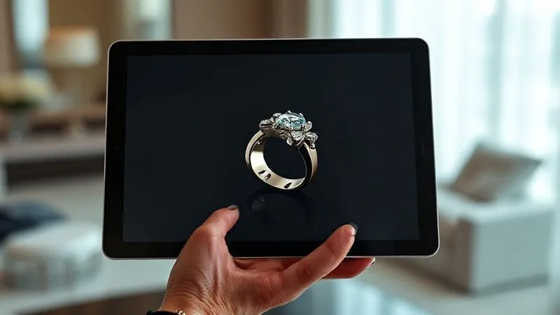 Photorealistic, professional photography, 8K, cinematic lighting, sharp focus, depth of field, shot on a high-end DSLR. A sleek, modern tablet displaying a stunning, high-resolution image of an avant-garde ring with intricate details. The tablet is held by elegantly manicured hands, subtly adorned with fine jewelry, against a backdrop of a blurred, minimalist luxury interior, suggesting a private viewing.