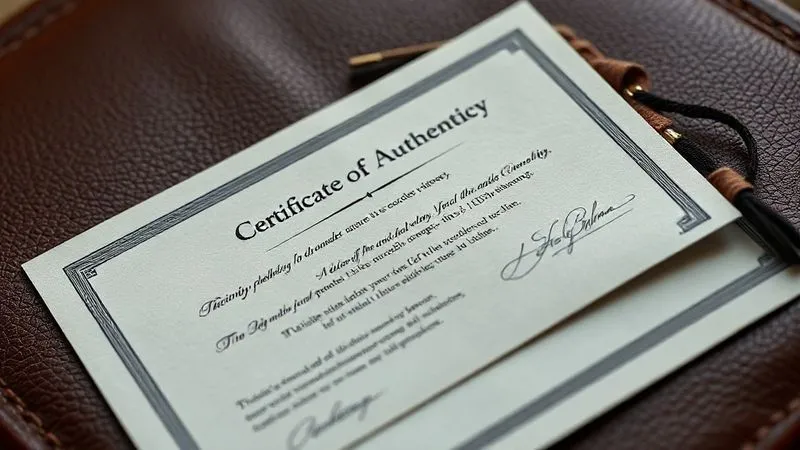 Photorealistic, professional photography, 8K, cinematic lighting, sharp focus, depth of field, shot on a high-end DSLR. A close-up of a certificate of authenticity for a unique avant-garde jewelry piece, with elegant typography and a subtle watermark, resting on a rich leather surface next to a velvet pouch containing the jewelry. The focus is on the document's details, conveying trust and value.