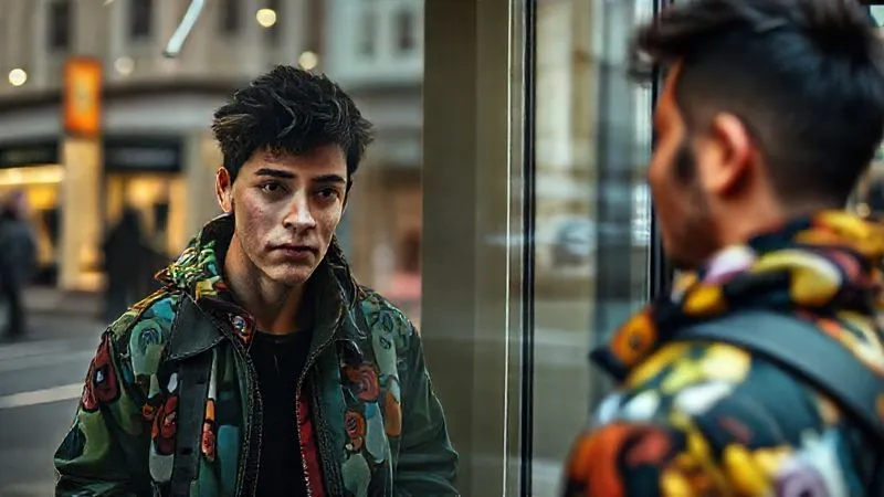 photorealistic, professional photography, 8K, cinematic lighting, sharp focus, depth of field, shot on a high-end DSLR. A person looking thoughtfully at a reflection of themselves in a shop window, where their reflection shows them wearing a vibrant, bold print streetwear jacket, while their actual outfit is more muted. The reflection is slightly more confident and stylized, representing aspiration versus current reality. Urban street background, subtle hesitation in their expression.