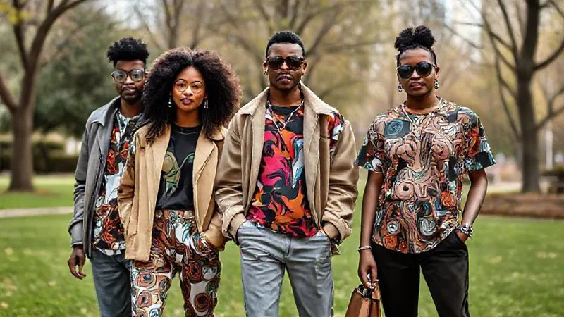 photorealistic, professional photography, 8K, cinematic lighting, sharp focus, depth of field, shot on a high-end DSLR. A diverse group of stylish individuals in an urban park, each wearing a bold print streetwear item, but styled differently. One is layered under a plain jacket, another is a subtle accessory, one is a full statement piece paired with neutrals. The overall mood is confident, relaxed, and approachable, demonstrating versatility and individual expression. Natural lighting, vibrant but not overwhelming colors.