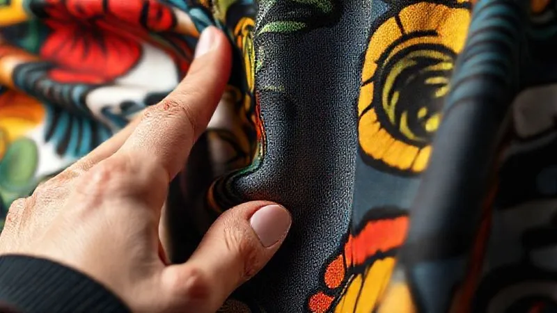 photorealistic, professional photography, 8K, cinematic lighting, sharp focus, depth of field, shot on a high-end DSLR. Close-up shot of a bold print streetwear fabric, showing intricate weave and high-quality stitching. A hand gently touches the fabric, conveying softness and durability. The print is vibrant but the focus is on the texture and craftsmanship. Studio lighting, clean background, emphasis on tactile quality.