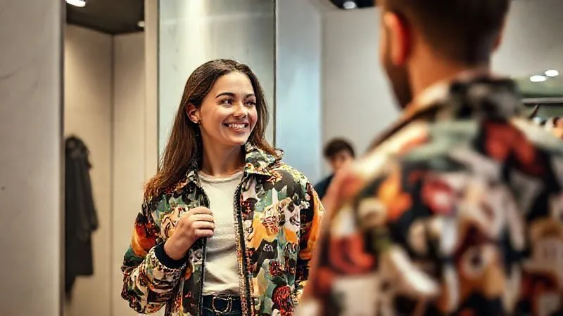 photorealistic, professional photography, 8K, cinematic lighting, sharp focus, depth of field, shot on a high-end DSLR. A person confidently trying on a bold print streetwear jacket in a well-lit, modern changing room. They are smiling, looking at their reflection. A friendly, helpful retail assistant is subtly in the background, offering support. The scene conveys ease, comfort, and a positive shopping experience, removing any sense of pressure or doubt. Natural, warm lighting.