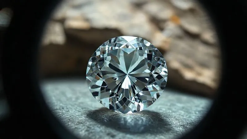 A photorealistic image showing a natural diamond being examined under a jeweler's loupe, with ancient geological strata subtly visible in the background, representing its origins. Cinematic lighting, sharp focus on the diamond's facets, depth of field blurring the background, 8K hyper-detailed, shot on a high-end DSLR.